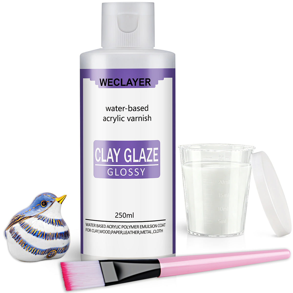 WECLAYER Polymer Clay Glaze – 60ml/2oz High-Gloss Varnish with Brush & Lidded Measuring Cup, Waterproof Scratch Resistant Sealant for Oven-Baked Polymer Clay, Also Works on Air Dry Clay