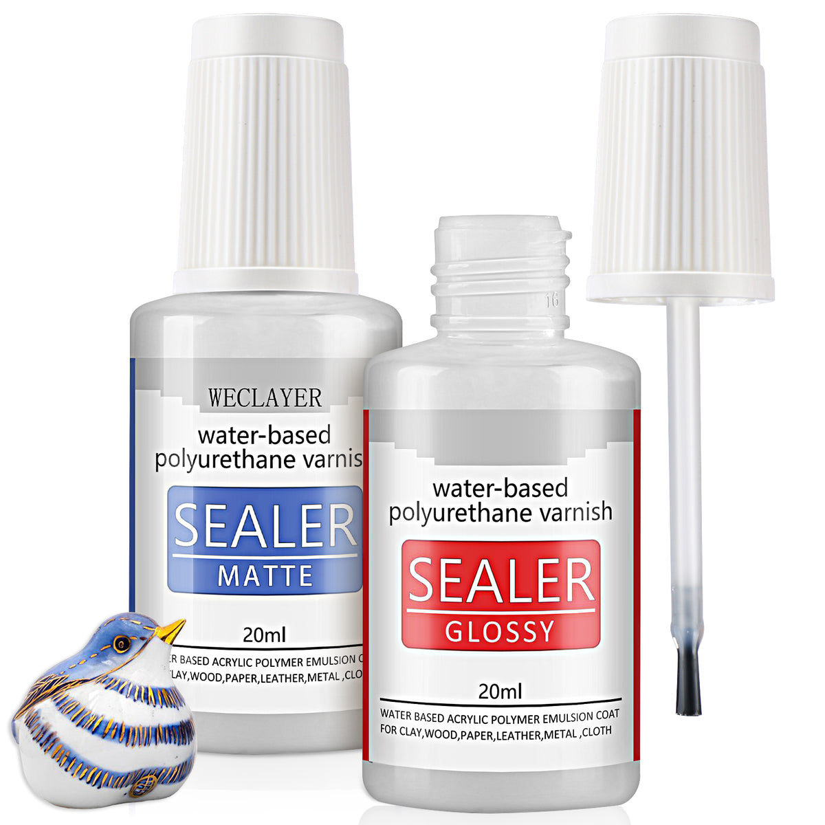 WECLAYER Polymer Clay Glaze – 20ml x 2 Bottle Set (Gloss + Matte) with Built‑in Brush,Waterproof,Scratch Resistant, Non‑Toxic Varnish for Oven‑Baked Polymer Clay,Also Great for Air Dry Clay Crafts