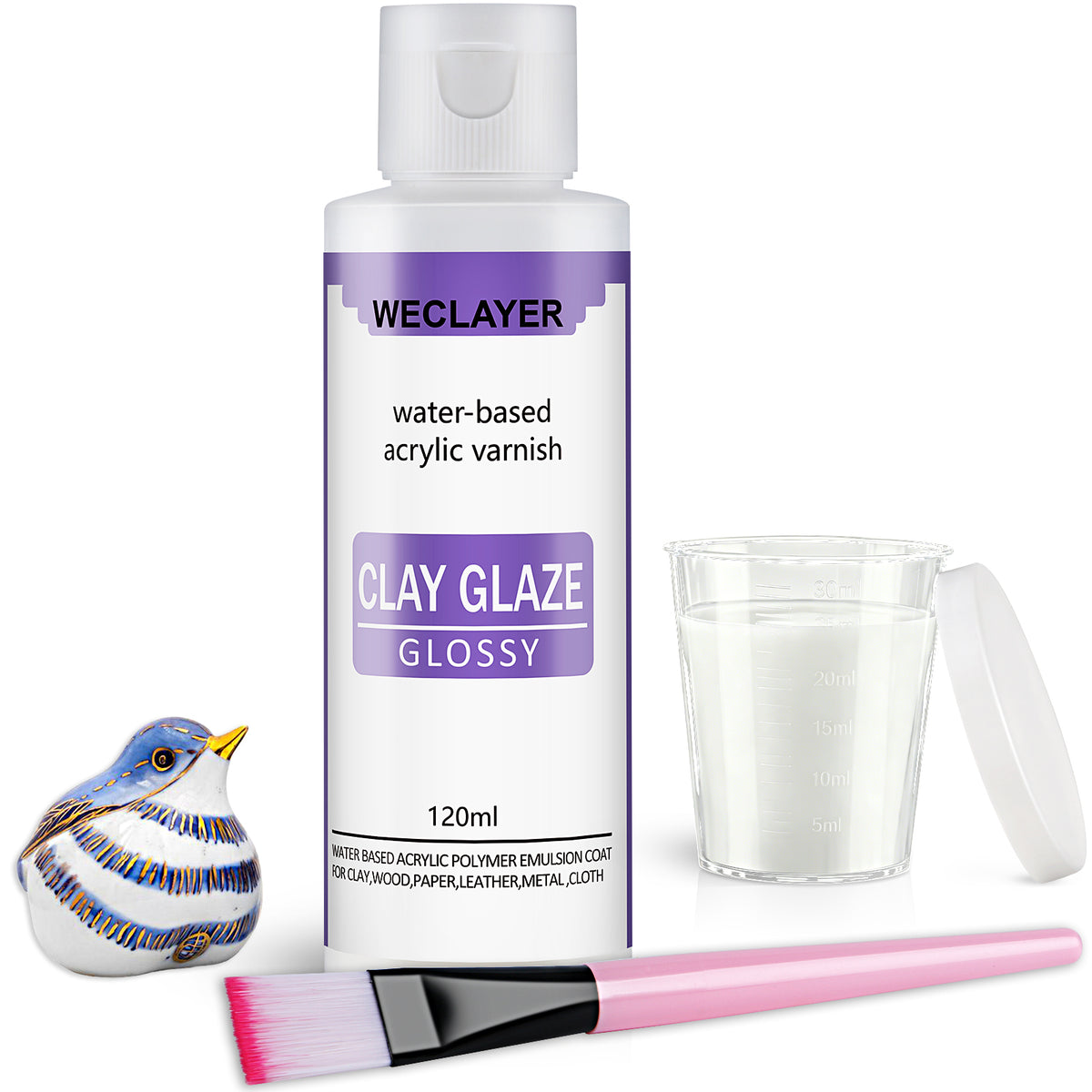 WECLAYER Polymer Clay Glaze – 60ml/2oz High-Gloss Varnish with Brush & Lidded Measuring Cup, Waterproof Scratch Resistant Sealant for Oven-Baked Polymer Clay, Also Works on Air Dry Clay