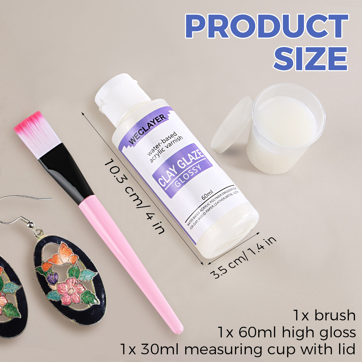 WECLAYER Polymer Clay Glaze – 60ml/2oz High-Gloss Varnish with Brush & Lidded Measuring Cup, Waterproof Scratch Resistant Sealant for Oven-Baked Polymer Clay, Also Works on Air Dry Clay